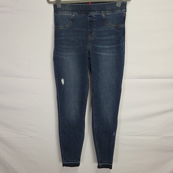 Spanx Jeans Size M Distressed Ankle Skinny Jeans Medium Wash Pull-On Blue Denim - Picture 2 of 8